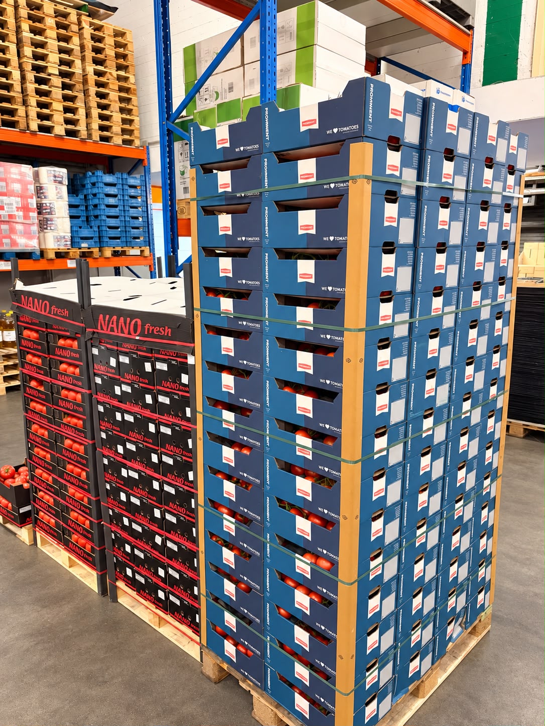 Palette mit blauen Kartons voller Frischware