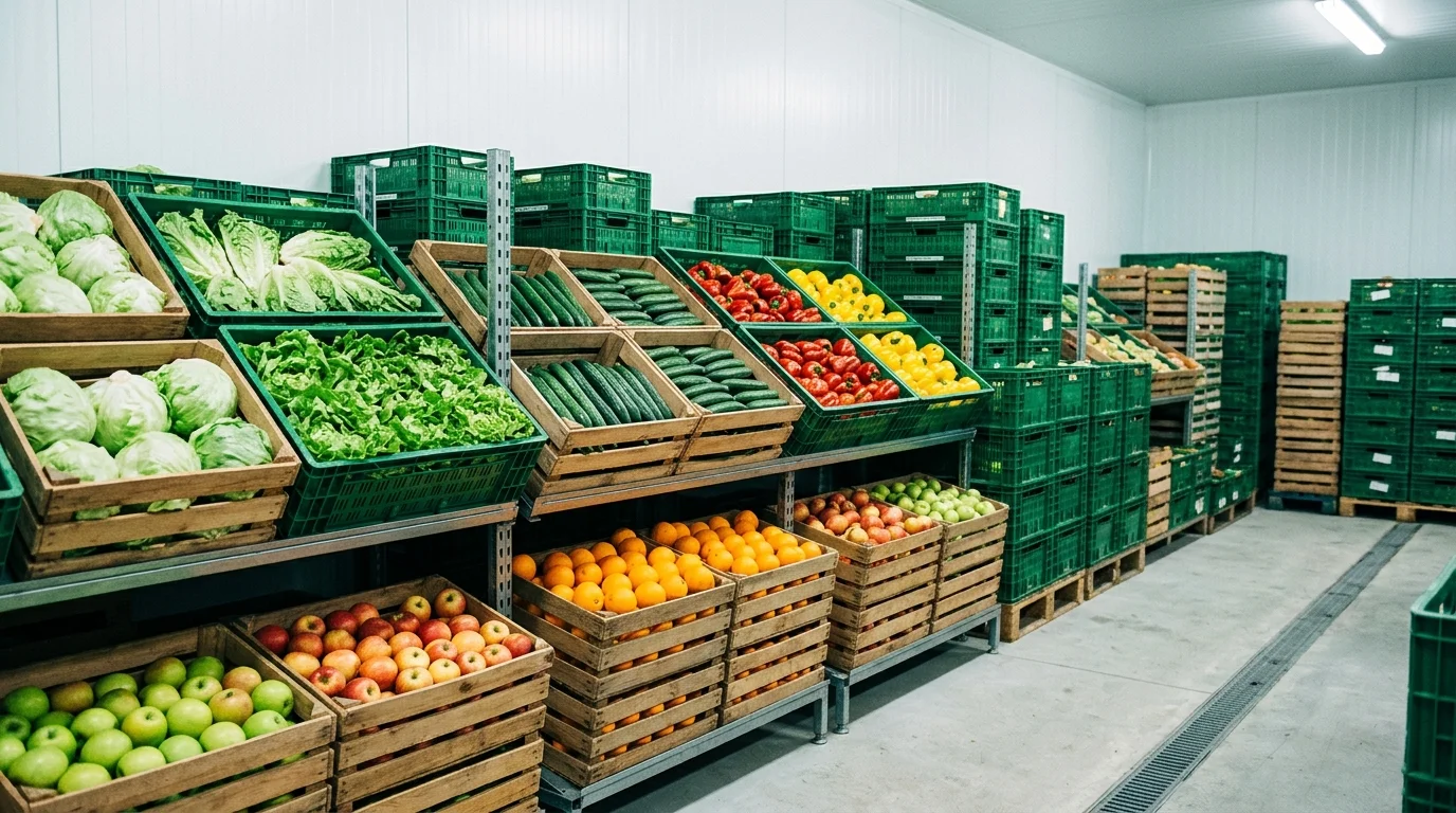 Kühlraum mit ordentlich gestapelten Kisten voller Salat, Gurken, Paprika, Orangen und Äpfeln