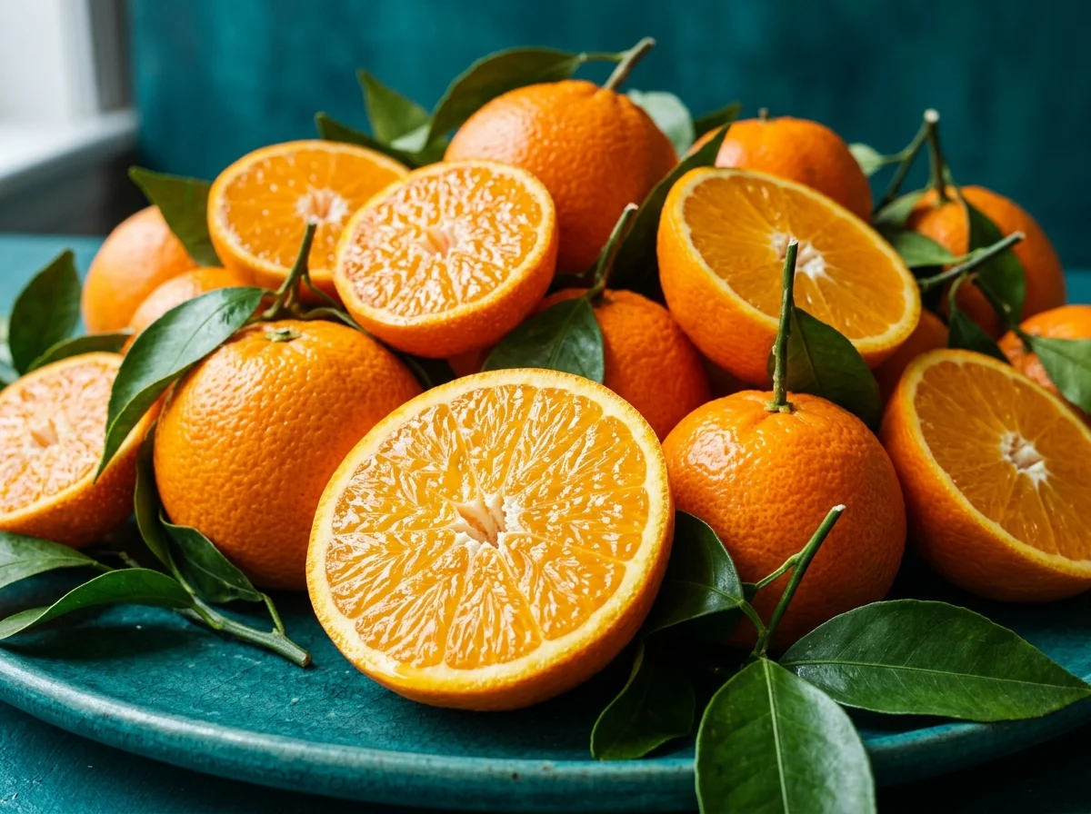 Ganze und halbierte Orangen und Mandarinen mit grünen Blättern auf dunkeltürkisem Untergrund